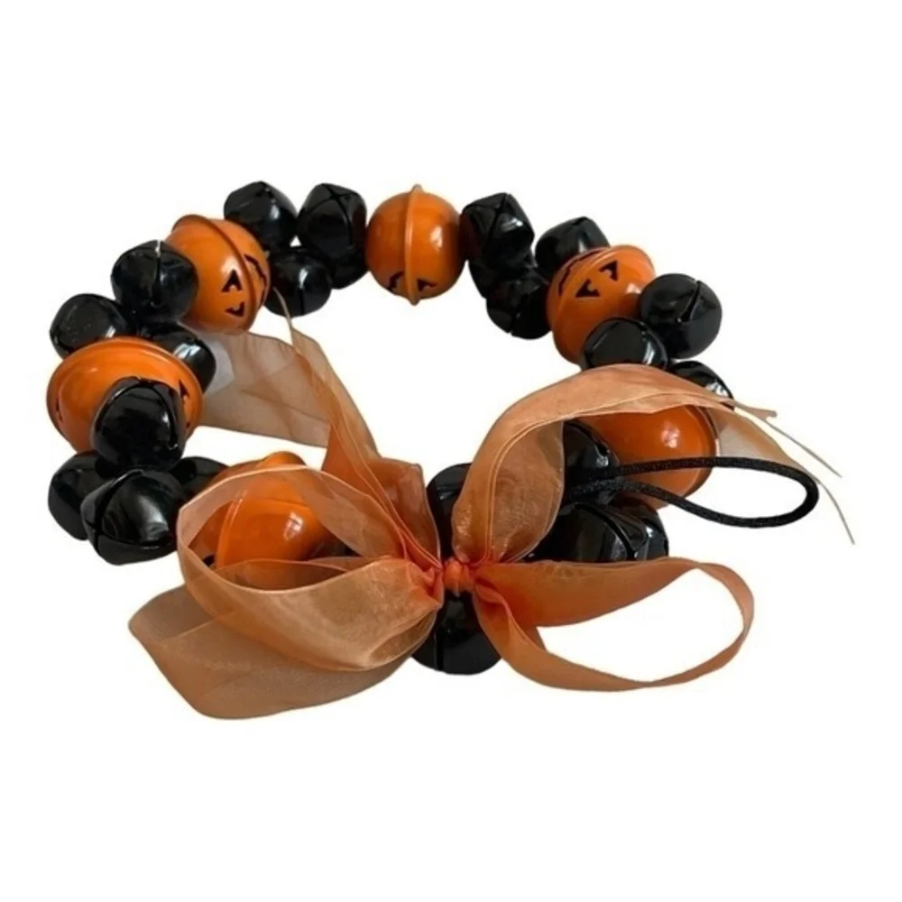 Halloween Orange Black Metal Pumpkin Jingle Bell Wreath 9.5